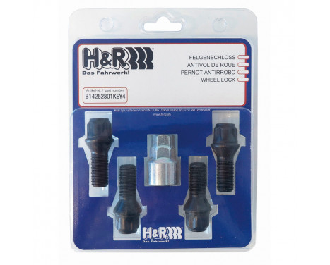 H&R Hjullåsuppsättning M14x1.50x28mm konisk Svart - 4 låsbultar inkl. Adapter