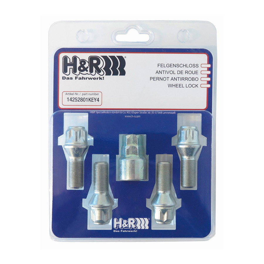 H&R Wielslotenset M12x1.50 vlak - 4 slotmoeren incl. adapter | HR 125007KEY4 | H | Nederlands H&R Wielslotenset M12x1.50 vlak - 4 slotmoeren incl. adapter | HR 125007KEY4 | H | Nederlands