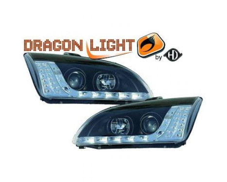 Strålkastare lämplig för + DRL lämplig för Ford Focus II 2004-2008 svart 1416385 Diederichs