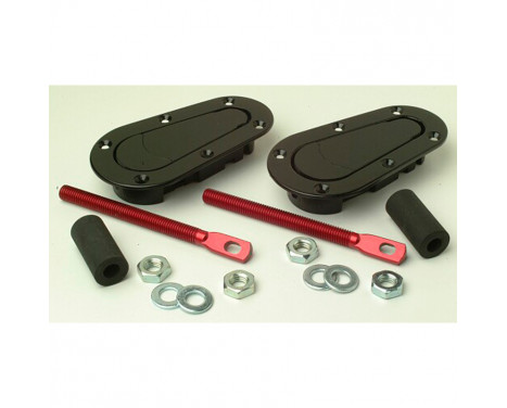 Set of universal Racing Plus Flush Bonnet hooks / pins - black + red aluminum pins