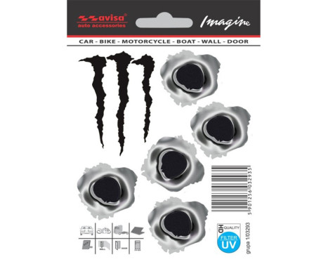 Sticker 5 Bullet Holes 3.5x3x5 cm + Monster 4.5x6.5cm - black/metal