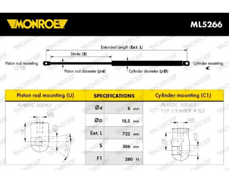 Gas Spring, bonnet ML5266 Monroe, Image 4