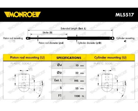 Gas Spring, bonnet ML5517 Monroe, Image 2