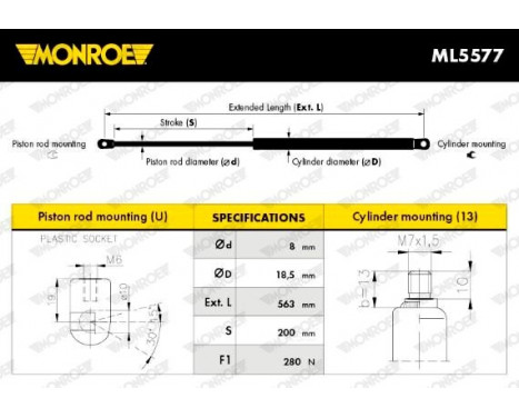 Gas Spring, bonnet ML5577 Monroe, Image 5