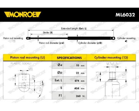 Gas Spring, bonnet ML6032 Monroe, Image 2