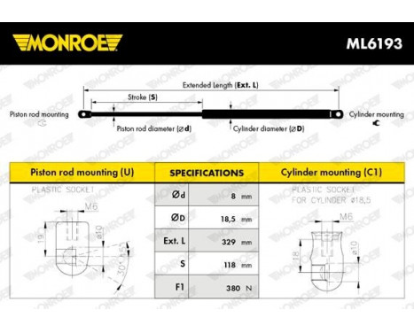 Gas Spring, bonnet ML6193 Monroe, Image 3