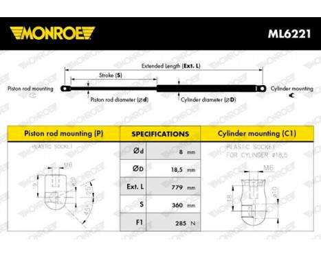 Gas Spring, bonnet ML6221 Monroe