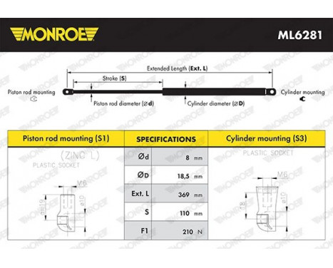 Gas Spring, bonnet ML6281 Monroe