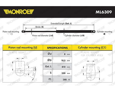 Gas Spring, bonnet ML6309 Monroe, Image 3