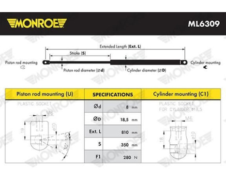 Gas Spring, bonnet ML6309 Monroe, Image 3