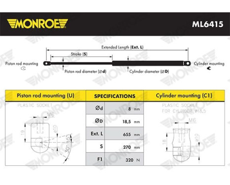 Gas Spring, bonnet ML6415 Monroe, Image 4