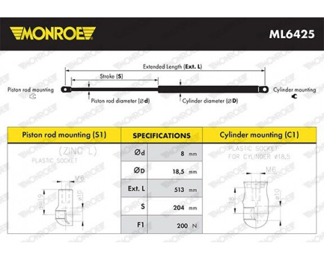Gas Spring, bonnet ML6425 Monroe