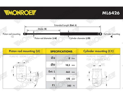 Gas Spring, bonnet ML6426 Monroe, Image 4