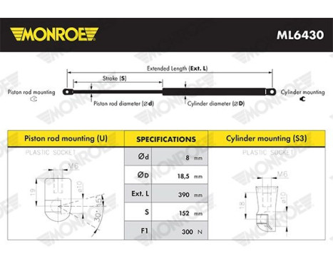 Gas Spring, bonnet ML6430 Monroe, Image 2