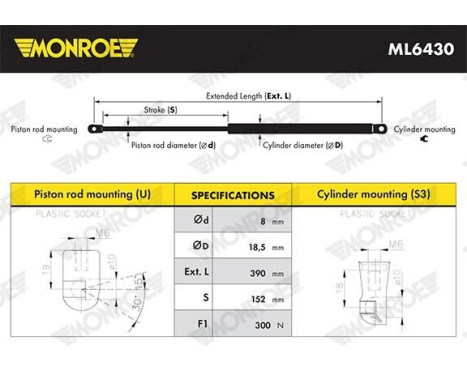 Gas Spring, bonnet ML6430 Monroe, Image 2