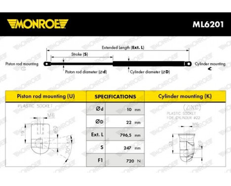 Gas Spring, boot-/cargo area ML6201 Monroe, Image 3