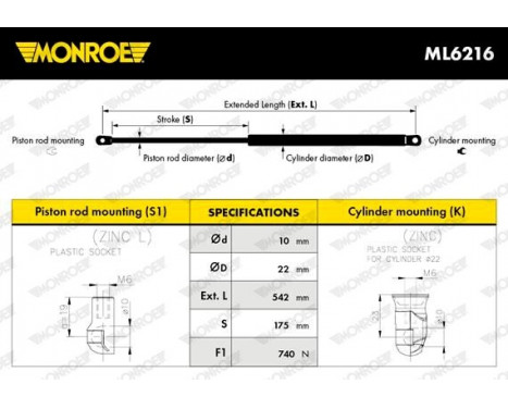 Gas Spring, boot-/cargo area ML6216 Monroe