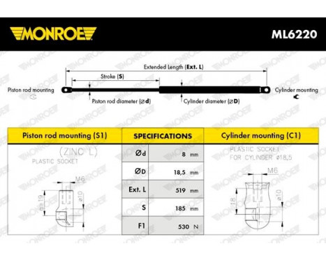 Gas Spring, boot-/cargo area ML6220 Monroe