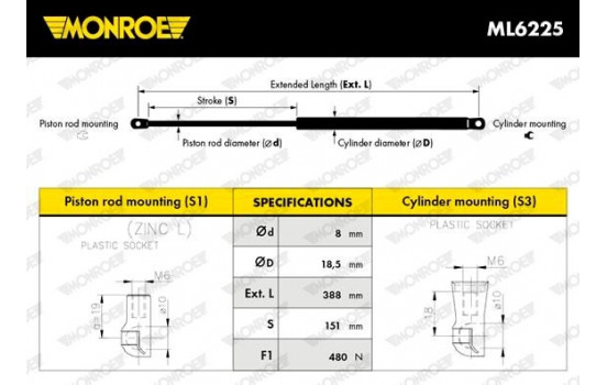 Gas Spring, boot-/cargo area ML6225 Monroe