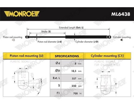 Gas Spring, boot-/cargo area MONROE MaxLift ML6438, Image 2
