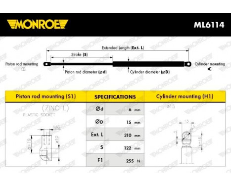 Gas Spring, rear windscreen ML6114 Monroe, Image 9