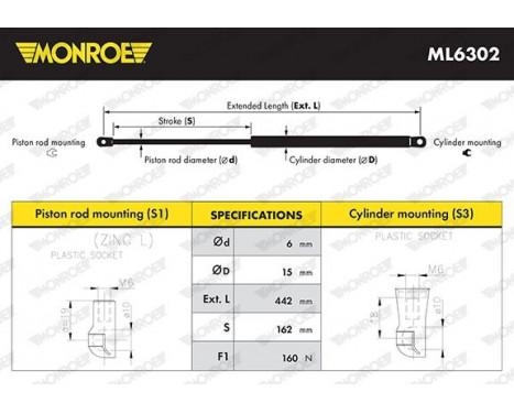 Gas Spring, rear windscreen ML6302 Monroe, Image 10