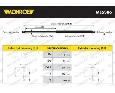 Gas Spring, rear windscreen ML6386 Monroe, Image 10