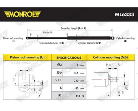 Gas Spring, bonnet ML6333 Monroe, Image 3