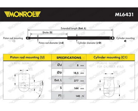 Gas Spring, bonnet ML6431 Monroe, Image 3