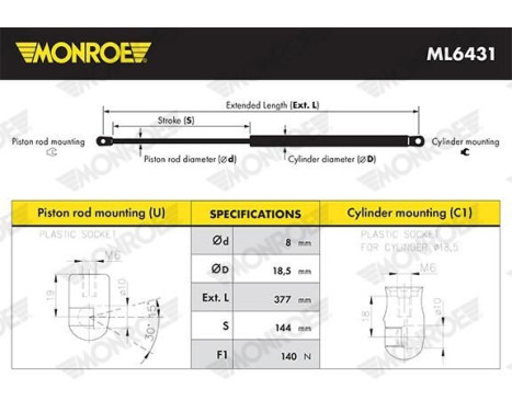 Gas Spring, bonnet ML6431 Monroe, Image 4