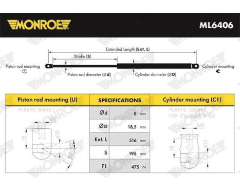 Gas Spring, boot-/cargo area MONROE MaxLift ML6406, Image 2