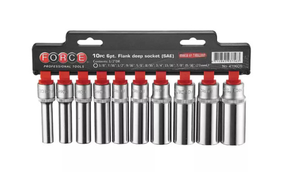 Force Socket Set 1/2" 6-sided long SAE 10 pieces