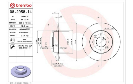 Brake Disc 08.2958.14 Brembo, Image 4