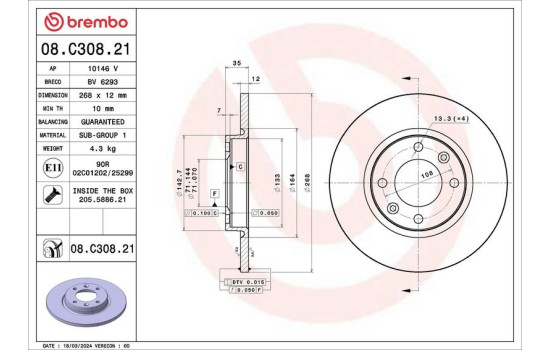 Brake disc 08.C308.21 Brembo, Image 2