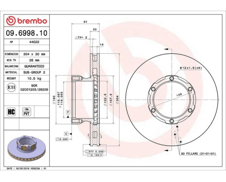 Brake Disc 09.6998.10 Brembo, Image 2