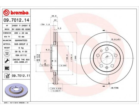 Brake Disc 09.7012.14 Brembo, Image 3