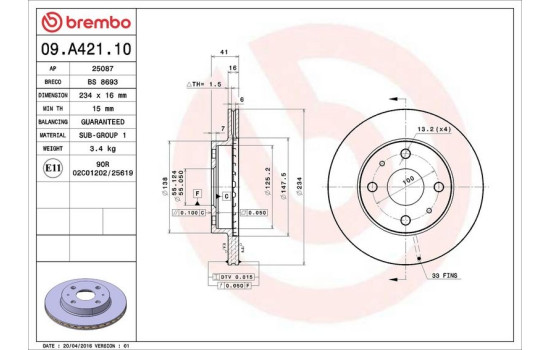 Brake Disc 09.A421.10 Brembo, Image 3