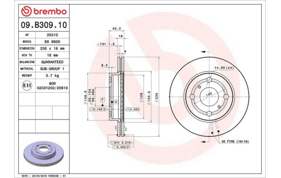 Brake Disc 09.B309.10 Brembo, Image 3