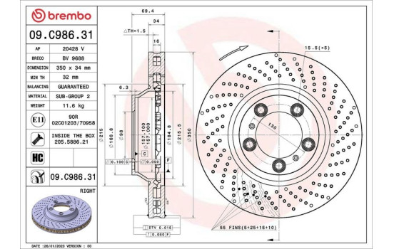 Brake disc 09.C986.31 Brembo