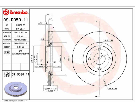 Brake disc 09.D050.11 Brembo