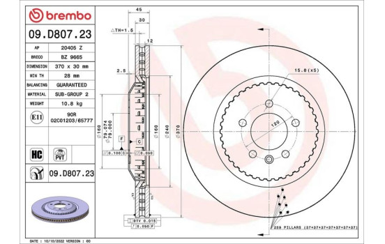 Brake disc 09.D807.23 Brembo
