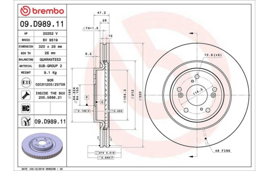 Brake disc 09.D989.11 Brembo