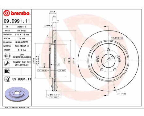 Brake disc 09.D991.11 Brembo