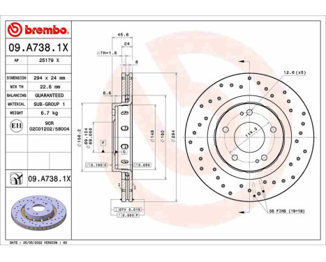 Brake disc 09A7381X Brembo