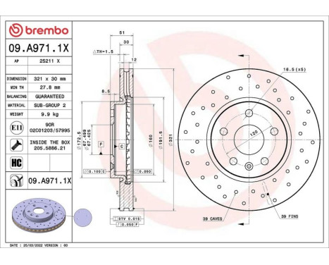 Brake disc 09A9711X Brembo