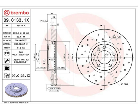 Brake disc 09C1331X Brembo