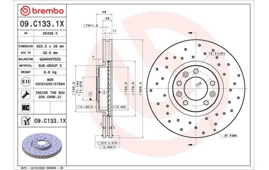 Brake disc 09C1331X Brembo
