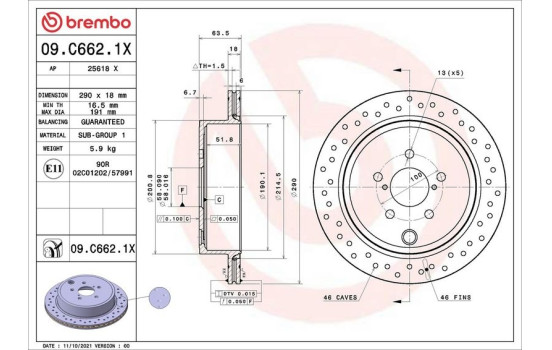 Brake disc 09C6621X Brembo