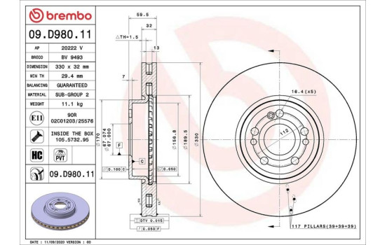 Brake disc 09D98011 Brembo
