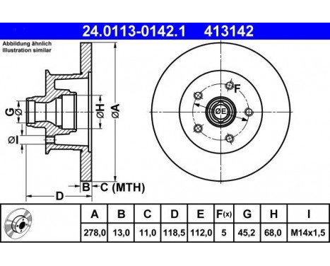 Brake Disc 24.0113-0142.1 ATE, Image 2